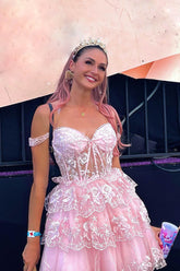 Pink Homecoming Dress A-Line Off the Shoulder Tiered Short Prom Dress