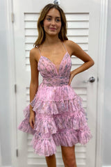 Pink Homecoming Dress A Line Ruffled Spaghetti Straps Short Cocktail Dresses