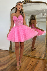 Pink Homecoming Dress A Line Strapless Tiered Short Prom Dress With Appliques