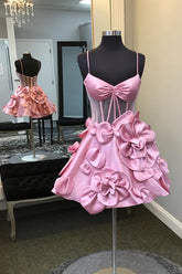 Pink Homecoming Dress Corset A Line Short Prom Dress With 3D Flowers