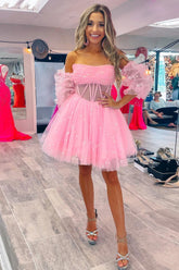 Pink Homecoming Dress Corset Detachable Sleeves A-Line Tulle Prom Dress