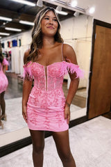 Pink Homecoming Dress Corset Sequin Tight Short Cocktail Dresses With Feather