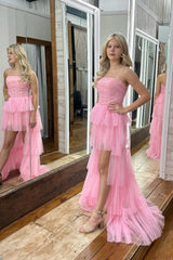 Pink Homecoming Dress Corset Strapless A-Line High Low Short Cocktail Dresses with Ruffles