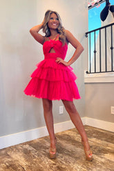 Pink Homecoming Dress Keyhole Halter Tulle A Line Short Cocktail Dresses with Ruffles