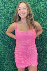 Pink Homecoming Dress Sequin Open Back Tight Short Prom Dress