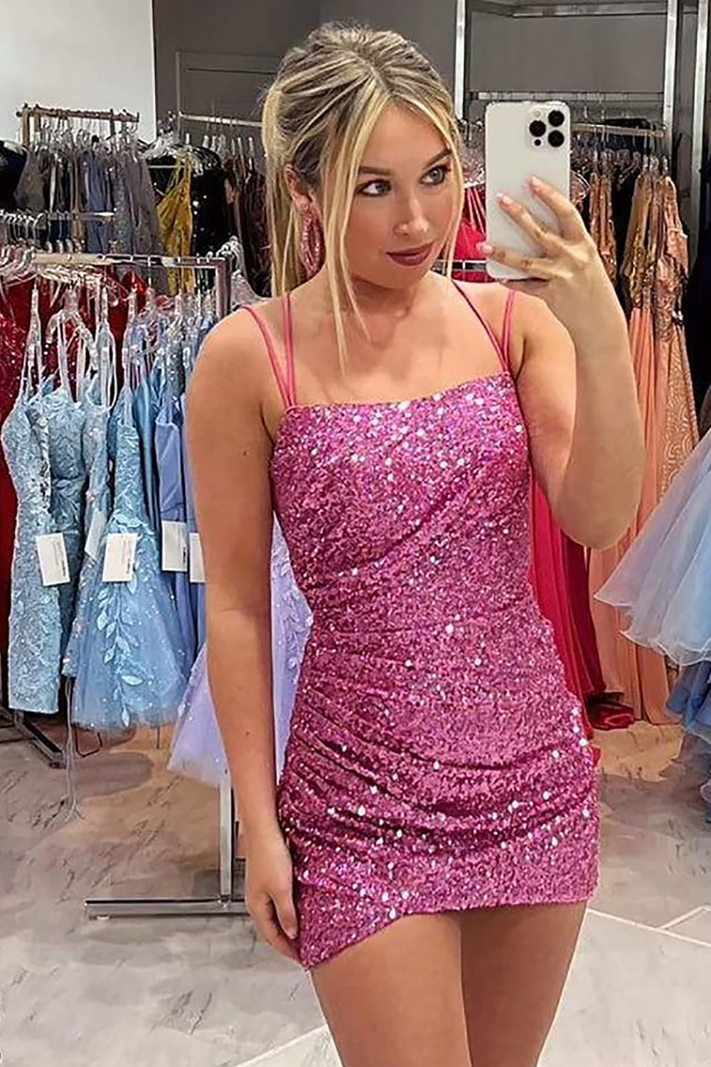 Pink Homecoming Dress Sequin Spaghetti Straps Sleeveless Tight Short Prom Dress