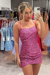 Pink Homecoming Dress Sequin Spaghetti Straps Sleeveless Tight Short Prom Dress