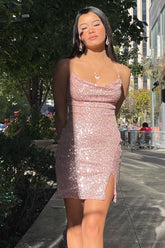 Pink Homecoming Dress Sequin Tight Short Prom Dress with Slit