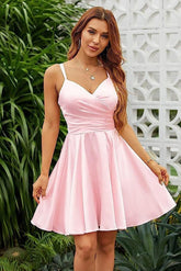 Pink Homecoming Dress Spaghetti Straps Sleeveless V Neck Pleated Short Dress