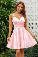 Pink Homecoming Dress Spaghetti Straps Sleeveless V Neck Pleated Short Dress