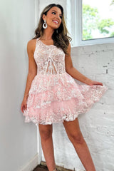 Pink Homecoming Dress Tiered Lace One Shoulder Short Cocktail Dresses
