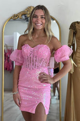 Pink Homecoming Dress Tight Corset Sequined Short Prom Dress with Lace
