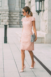 Pink Lace Wedding Guest Dress Sheath/Column Short Sleeve Mother of the Bride Dress