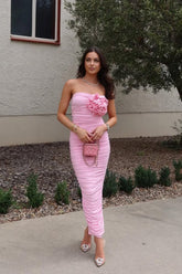 Pink Lemonade Draped Strapless Maxi Dress With Rose Embellishment Formal Evening Gown