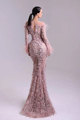 Pink Long Sleeve Formal Dress Mermaid 3D Flower Prom Evening Dress with Feathers