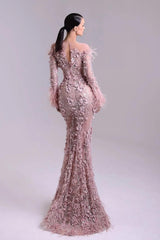 Pink Long Sleeve Formal Dress Mermaid 3D Flower Prom Evening Dress with Feathers