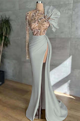 Pink Mermaid Prom Dress Long Sleeve Asymmetric Neck Beaded Formal Dress