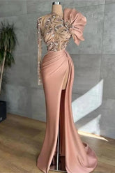 Pink Mermaid Prom Dress Long Sleeve Asymmetric Neck Beaded Formal Dress