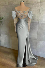 Pink Mermaid Prom Dress Long Sleeve Beaded Formal Dress
