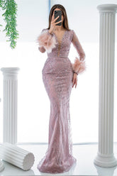 Pink Mermaid Prom Dress Long Sleeve Formal Dress With Lace Appliques