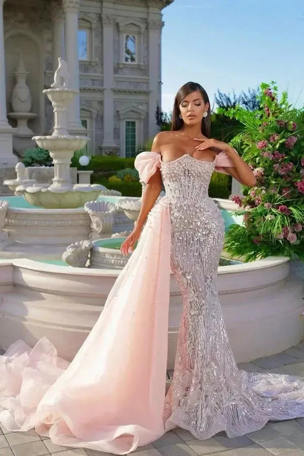 Pink Mermaid Prom Dress Off the Shoulder Beaded Formal Dress