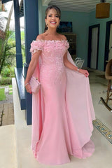Pink Mermaid Prom Dress Off the Shoulder Formal Dress With 3D Flowers
