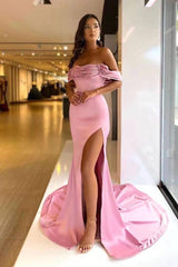 Pink Mermaid Prom Dress Off the Shoulder Satin Sequined Formal Dress