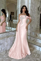 Pink Mermaid Prom Dress One Shoulder Beaded Formal Dress