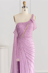 Pink Mermaid Prom Dress One Shoulder Sequined Formal Dress