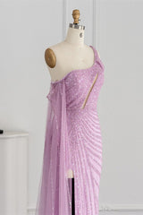 Pink Mermaid Prom Dress One Shoulder Sequined Formal Dress