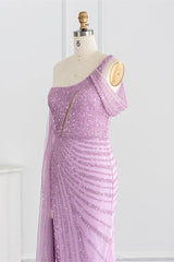 Pink Mermaid Prom Dress One Shoulder Sequined Formal Dress