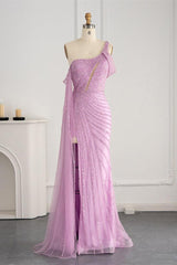 Pink Mermaid Prom Dress One Shoulder Sequined Formal Dress