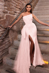 Pink Mermaid Prom Dress Sequined One Shoulder Formal Dress
