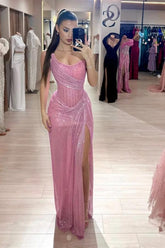 Pink Mermaid Prom Dress Sequined Sleeveless Strapless Formal Dress