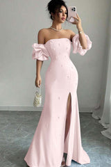 Pink Mermaid Prom Dress Short Sleeve Strapless Beaded Formal Dress