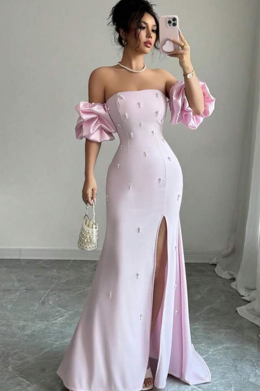 Pink Mermaid Prom Dress Short Sleeve Strapless Beaded Formal Dress