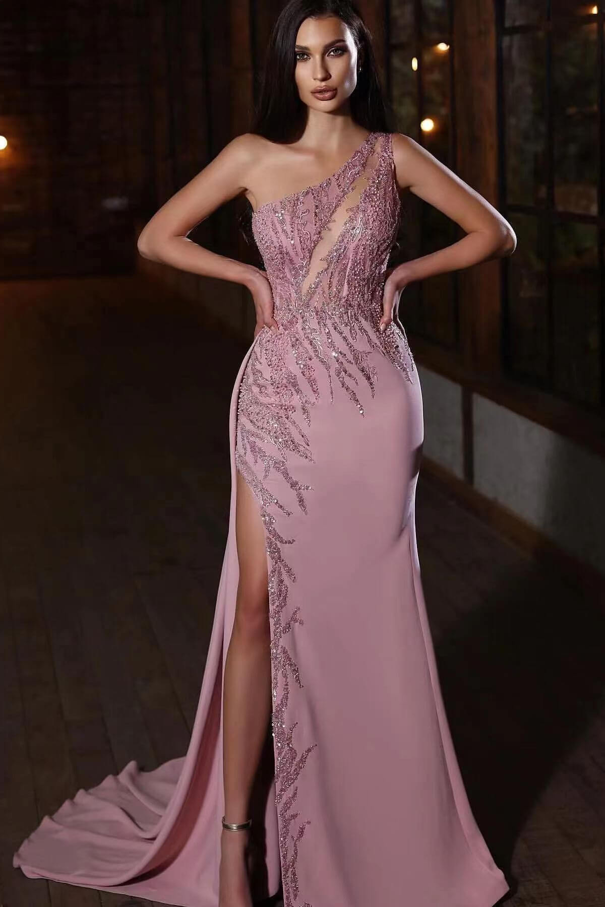 Pink Mermaid Prom Dress Sleeveless One Shoulder Sequined Formal Dress