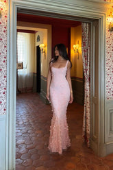 Pink Mermaid Prom Dress Sleeveless Scoop Neck Formal Dress With 3D Flowers