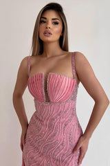 Pink Mermaid Prom Dress Sleeveless Spaghetti Straps Beaded Formal Dress