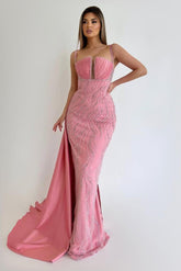 Pink Mermaid Prom Dress Sleeveless Spaghetti Straps Beaded Formal Dress