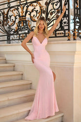 Pink Mermaid Prom Dress Sleeveless Spaghetti Straps Satin Formal Dress