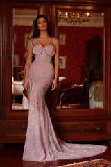 Pink Mermaid Prom Dress Sleeveless Spaghetti Straps Sequined Formal Dress