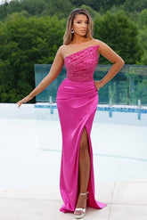 Pink Mermaid Prom Dress Sleeveless Strapless Beaded Formal Dress