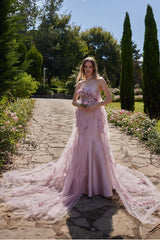 Pink Mermaid Prom Dress Sleeveless Strapless Satin Formal Dress With 3D Flowers