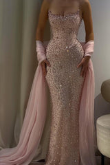 Pink Mermaid Prom Dress Strapless Beaded Formal Dress