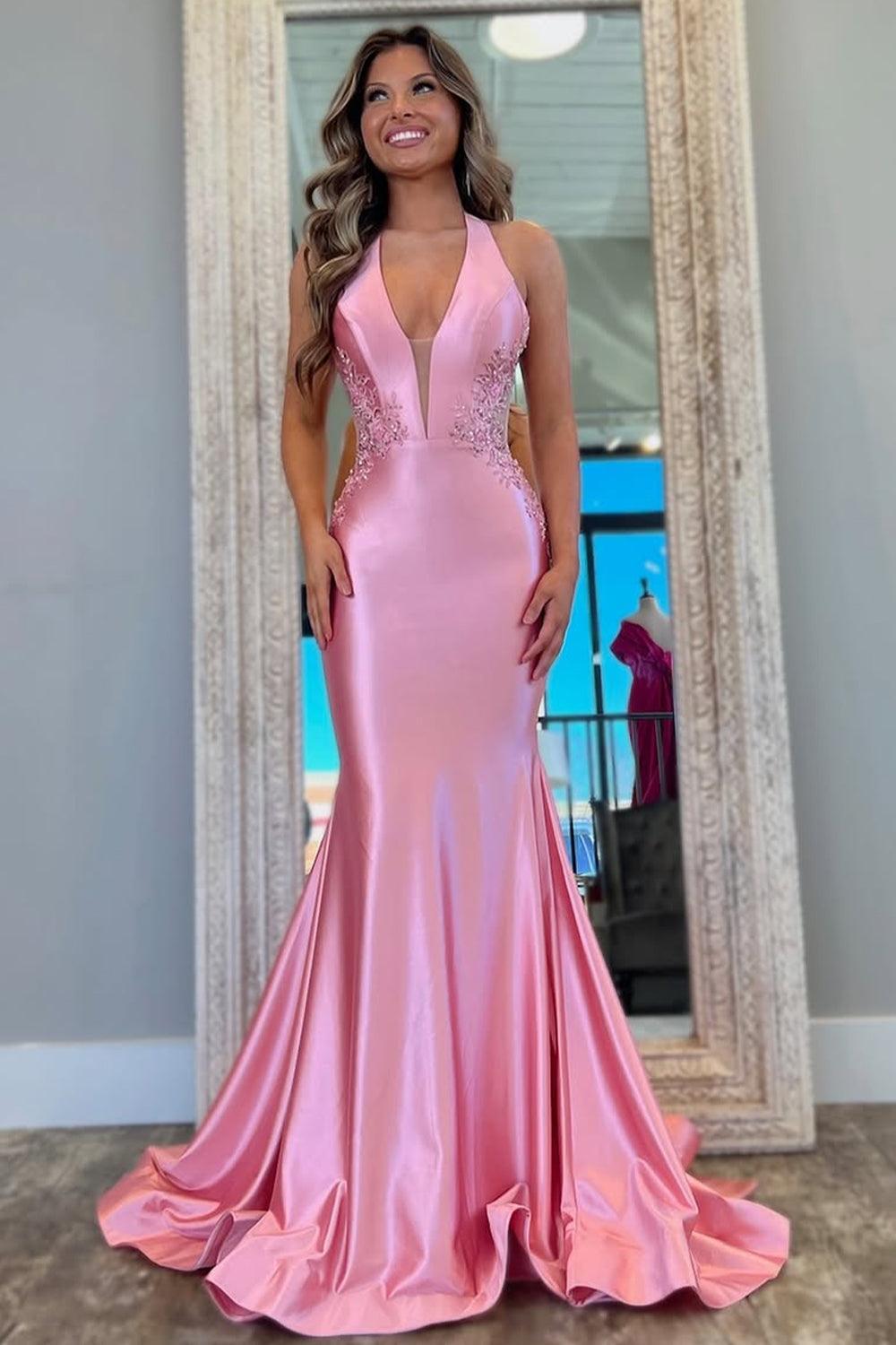 Pink Mermaid Prom Dress With Deep V-Neck Backless Long Satin And Appliques Formal Evening Gown