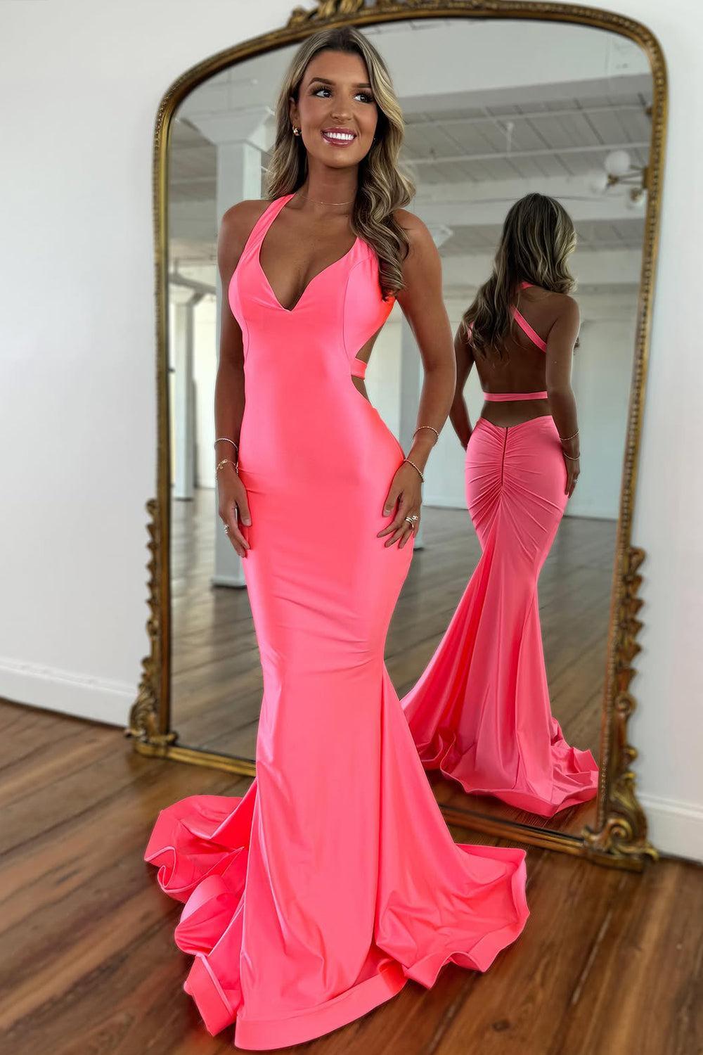 Pink Mermaid V-Neck Prom Dress With Cross Back And Satin Finish Formal Evening Gown