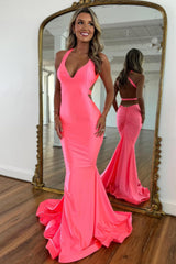 Pink Mermaid V-Neck Prom Dress With Cross Back And Satin Finish Formal Evening Gown