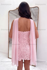 Pink Neck Scarf Lace Tight Strapless Short Homecoming Dress