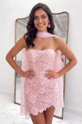 Pink Neck Scarf Lace Tight Strapless Short Homecoming Dress